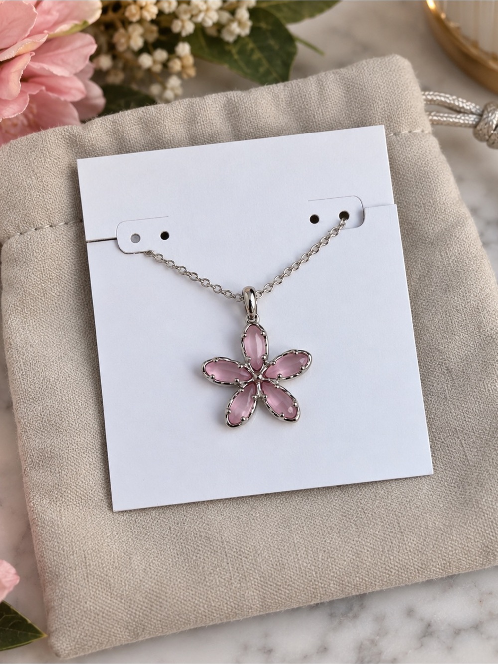Kendra Scott Kyla Pink Cat’s Eye Flower Silver Pendant Necklace NWT